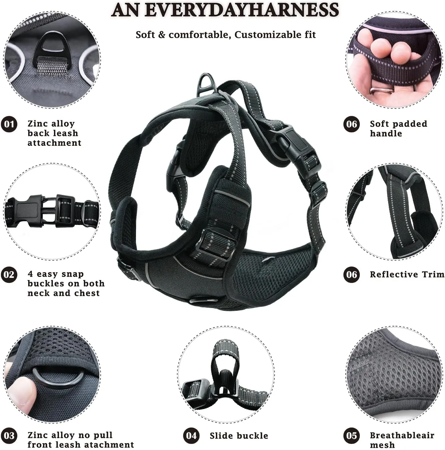 No Pull Dog Harness, Reflective Comfortable Vest Harness with Front & Back Easy Control Handle Adjustable Soft Padded Pet Vest for Small to Large Dogs (Medium,Black)