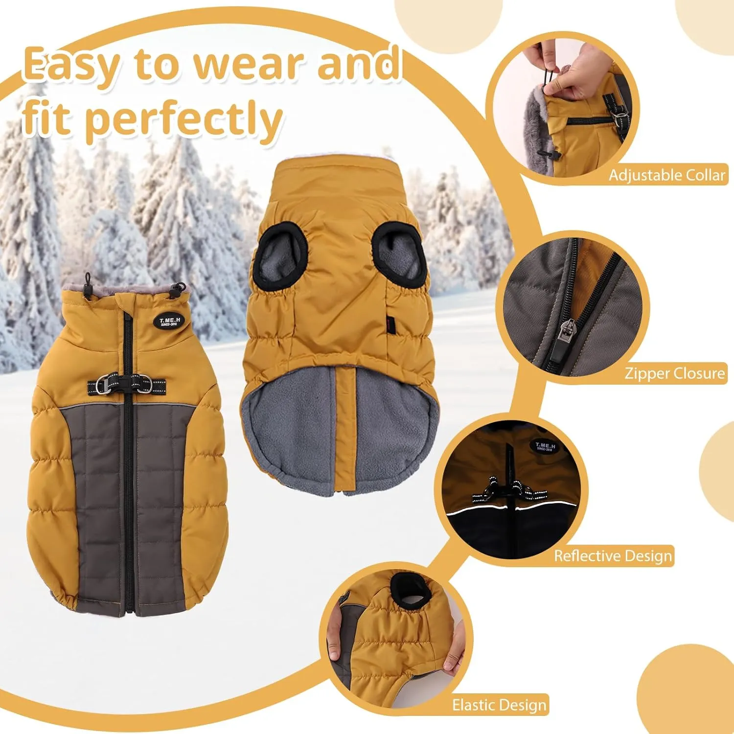 Norbi Dog Winter Coat, Warm Dog Coat Reflective Waterproof Turtleneck Cozy Dog Jacket (Large, Yellow)