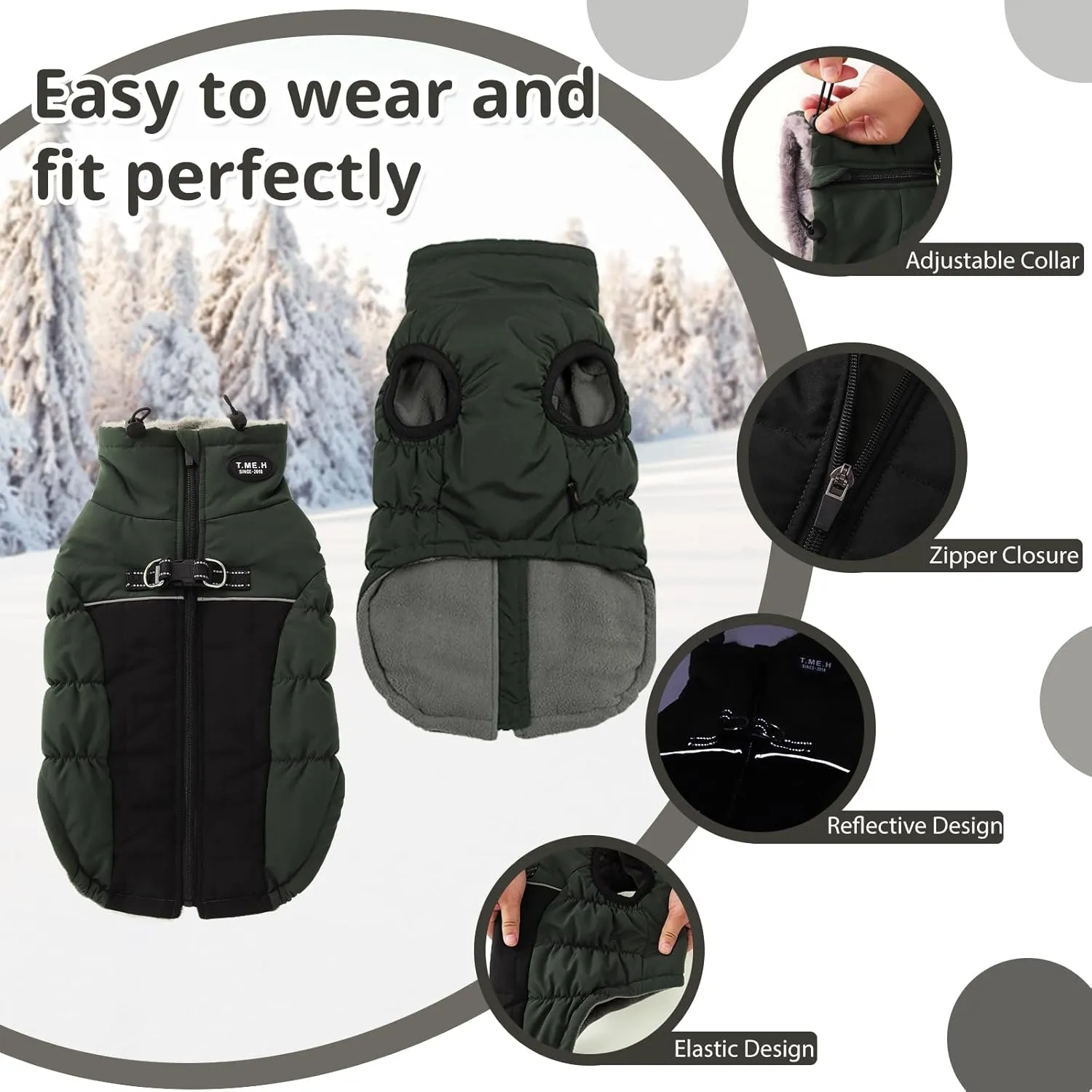 Norbi Winter Coat, Warm Reflective Waterproof Turtleneck Cozy Dog Jacket (Large, Army Green)