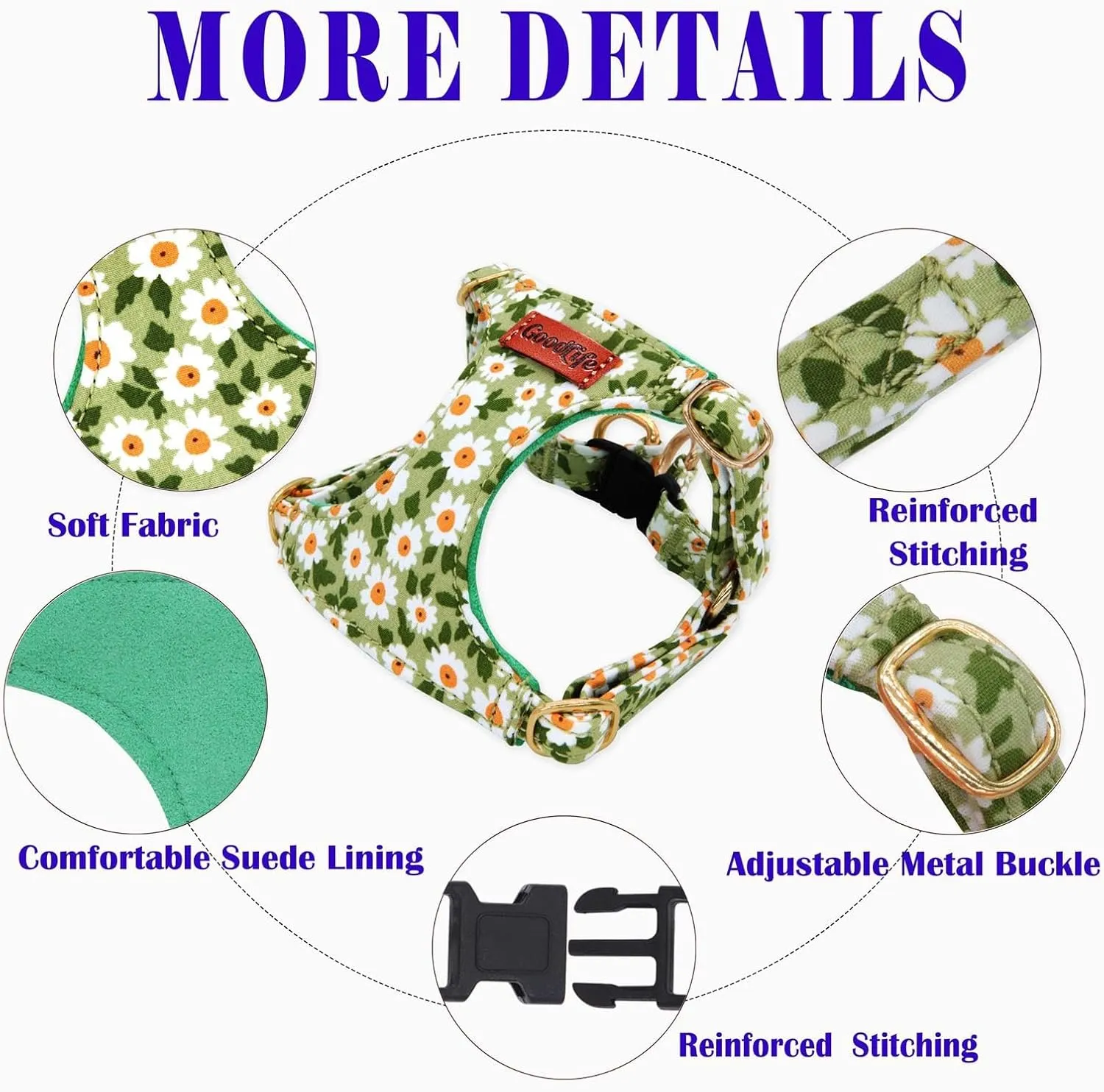 OaaXbbECco No Pull Floral Pattern Puppy Harness,Soft Adjustable Dog Harness Vest and Dog Leash Set No Choke Escape Proof (Green Daisy, XXS)