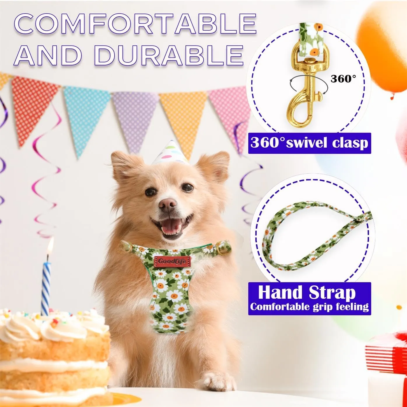 OaaXbbECco No Pull Floral Pattern Puppy Harness,Soft Adjustable Dog Harness Vest and Dog Leash Set No Choke Escape Proof (Green Daisy, XXS)
