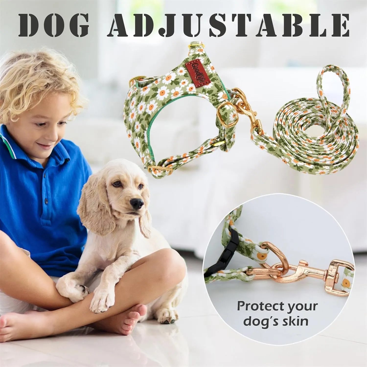 OaaXbbECco No Pull Floral Pattern Puppy Harness,Soft Adjustable Dog Harness Vest and Dog Leash Set No Choke Escape Proof (Green Daisy, XXS)