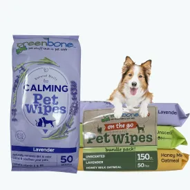 On-The-Go Pet Wipes Bundle Pack - 150 Total Wipes (50 Each of Unscented, Lavender, Honey Milk Oatmeal) - Gentle Cleaning for Dogs and Cats