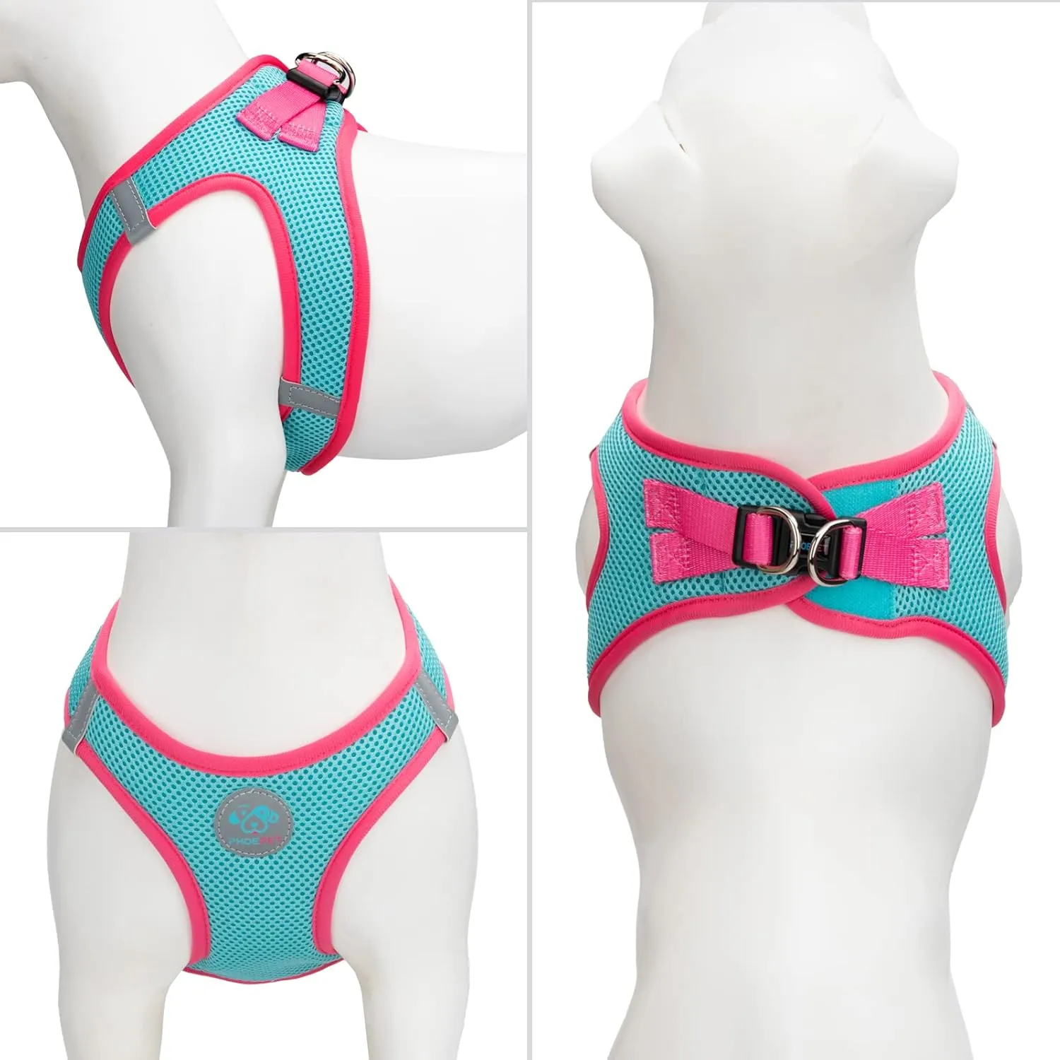 PHOEPET Step-in Dog Harness,Reflective Adjustable Dog Vest Harness, Soft Pet Walking Jacket with 2 Metal Leash Hooks for Dog and Cat(Mint Green Base & Pink Straps,M)