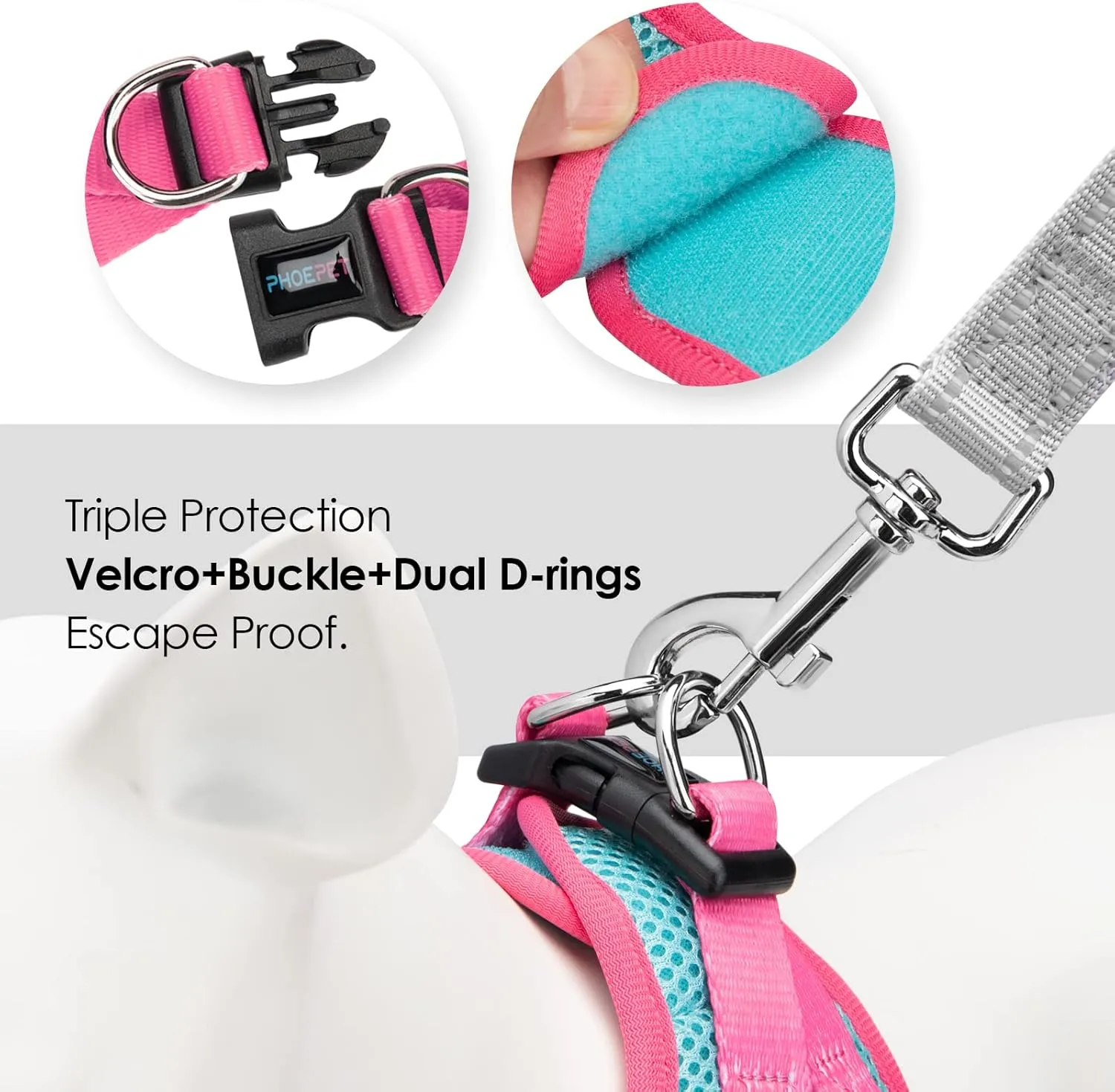 PHOEPET Step-in Dog Harness,Reflective Adjustable Dog Vest Harness, Soft Pet Walking Jacket with 2 Metal Leash Hooks for Dog and Cat(Mint Green Base & Pink Straps,M)