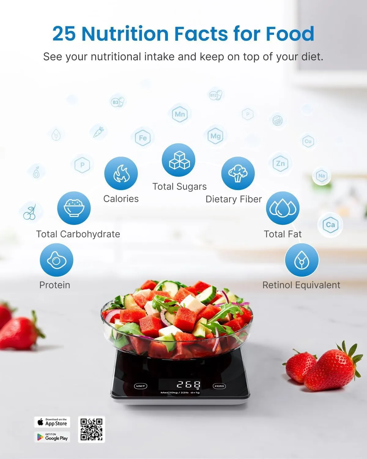 RENPHO Digital Kitchen Scale, Smart Food Weight Scale with Nutritional Calculator, Gram Scale for Weight Loss Cooking Baking Keto Macro Diet, Black Glass, 22lb/10kg