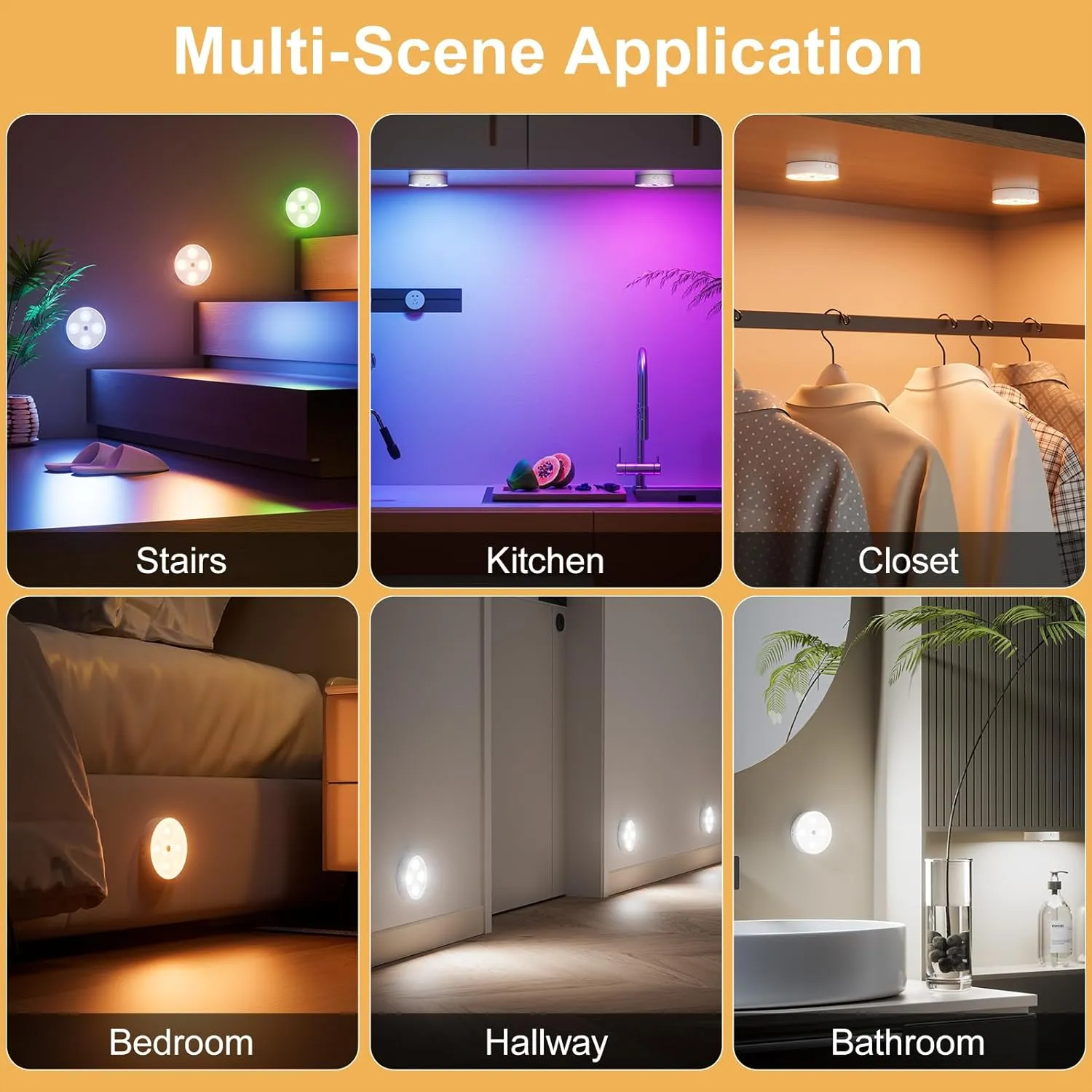RGB Puck Lights with Remote Control, Rechargeable 1500mAh Motion Sensor Night Light, 13 Colors Dimmable Under Cabinet Lighting, Magnetic Stick on Lights for Closet, Counter, Kitchen, Stairs, 4 Pack