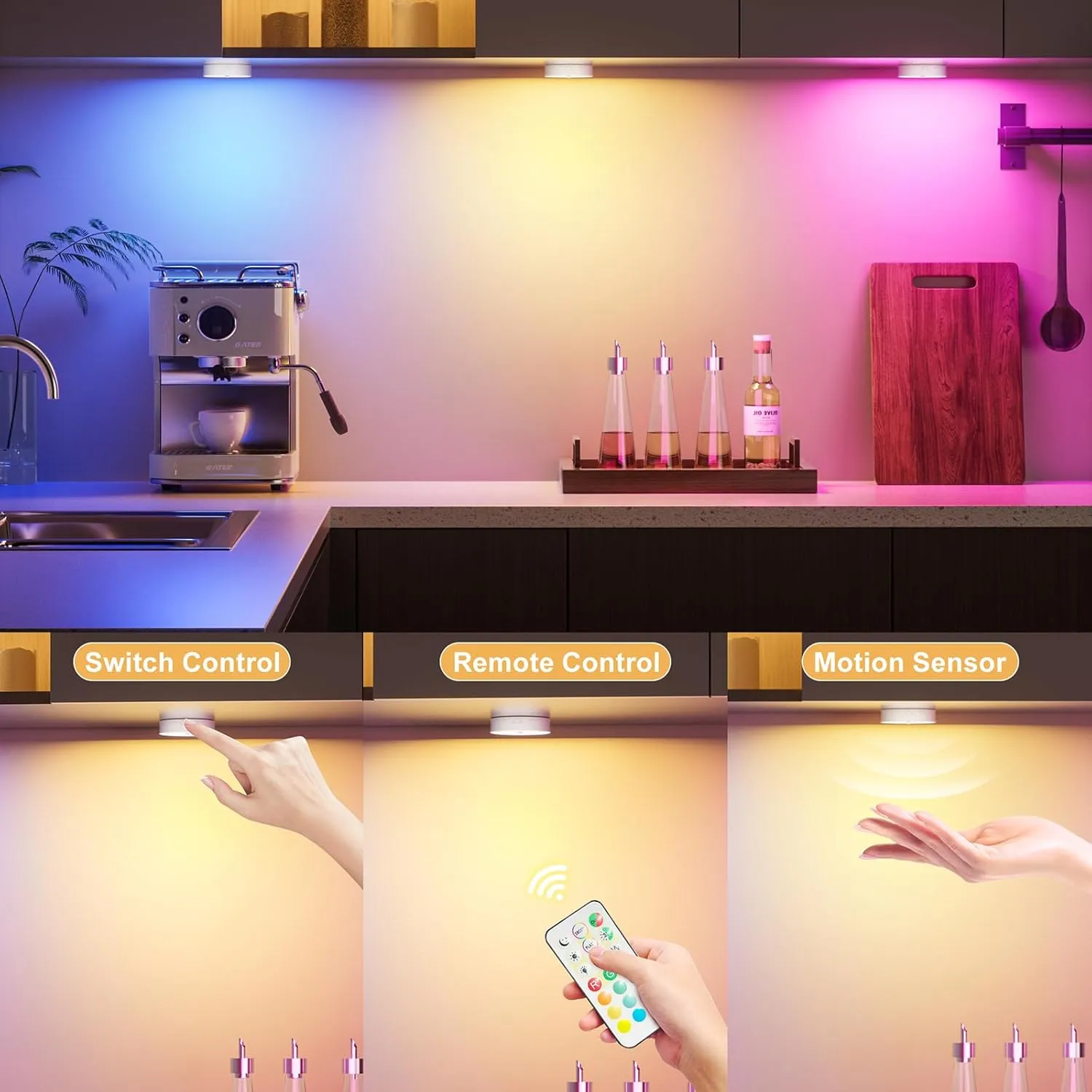 RGB Puck Lights with Remote Control, Rechargeable 1500mAh Motion Sensor Night Light, 13 Colors Dimmable Under Cabinet Lighting, Magnetic Stick on Lights for Closet, Counter, Kitchen, Stairs, 4 Pack