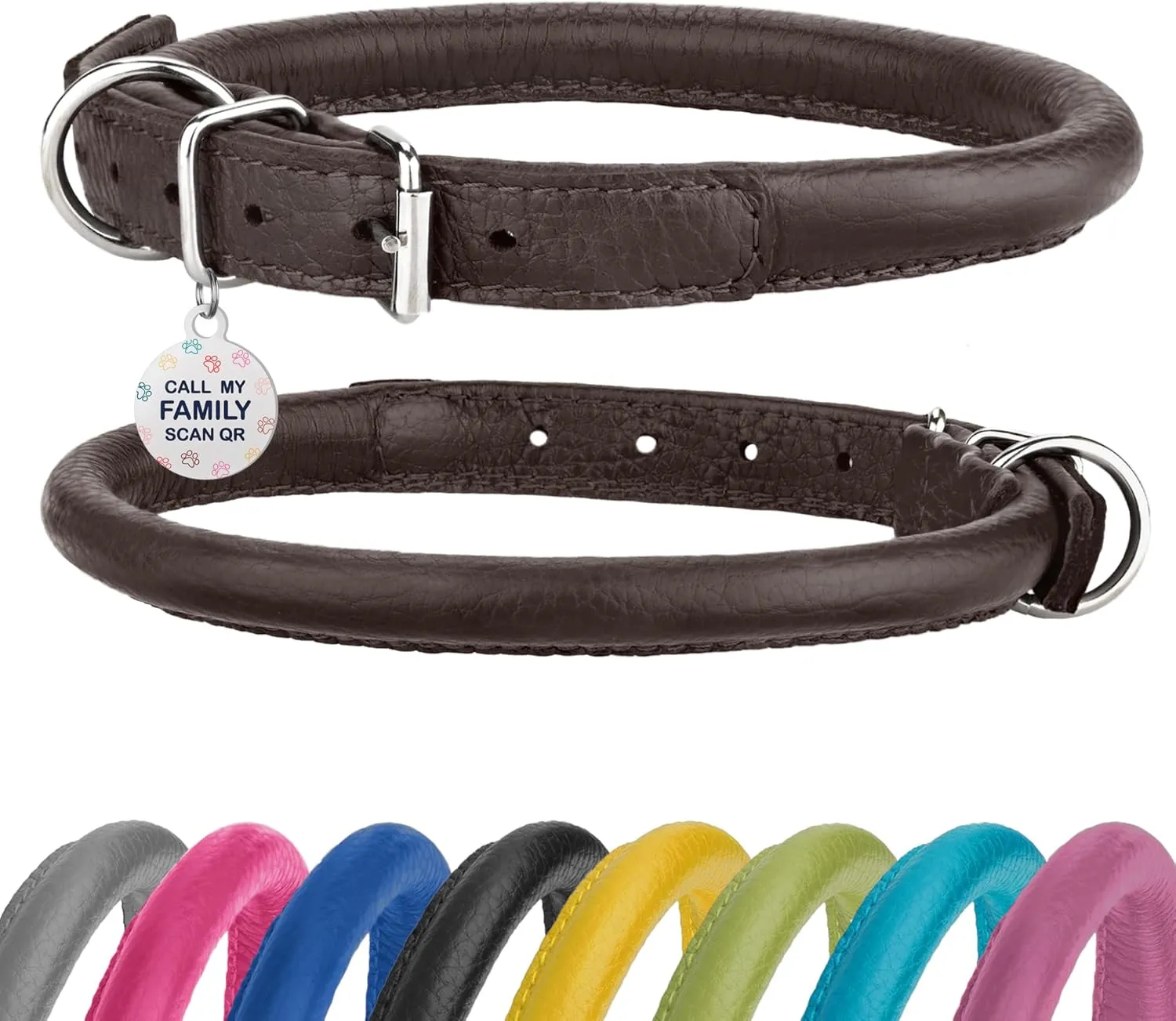 Rolled Leather Dog Collar Soft Round Collars, ID Tag for Small Medium Large Dogs (7-10 inch, Brown)