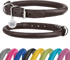 Rolled Leather Dog Collar Soft Round Collars, ID Tag for Small Medium Large Dogs (7-10 inch, Brown)
