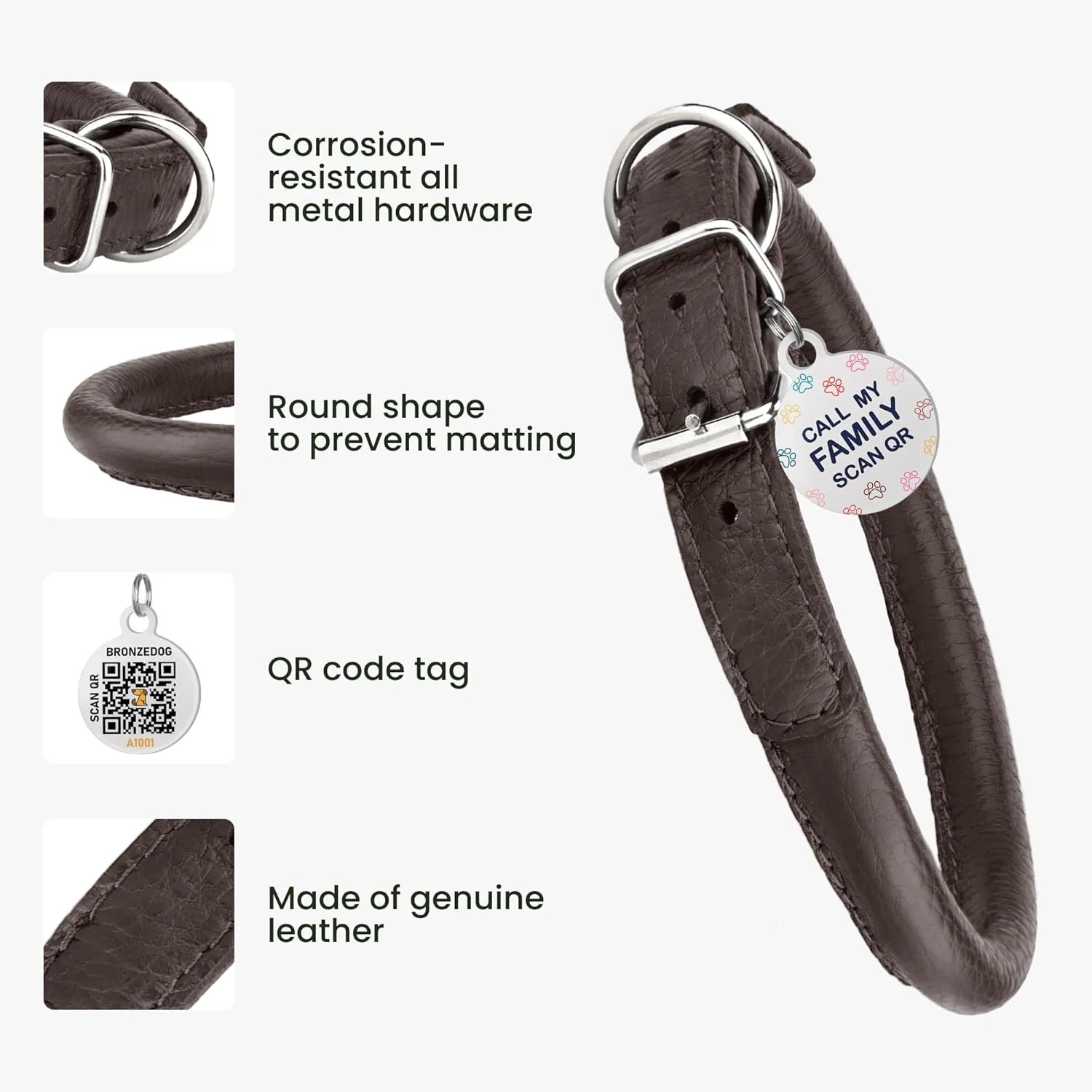 Rolled Leather Dog Collar Soft Round Collars, ID Tag for Small Medium Large Dogs (7-10 inch, Brown)