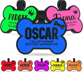 Silent Dog Tags Engraved for Pets, Double Sided - Personalized Soundless Durable Silicone Pet Tags for Dogs with Custom Name, Icon and Design - No More Jingling - Bone Shape