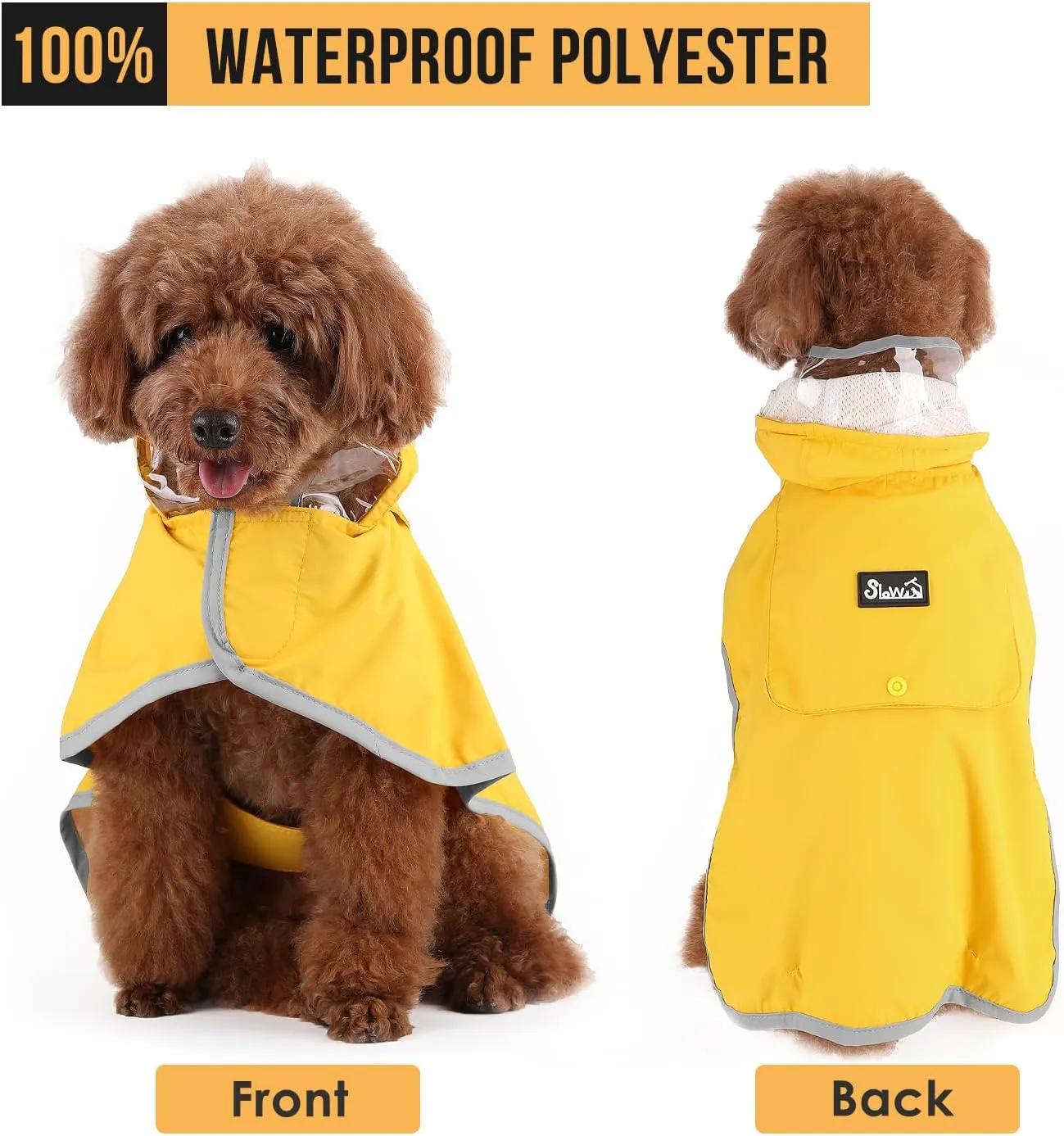SlowTon Dog Raincoat, Adjustable Dog Rain Jacket Clear Hooded Double Layer, Waterproof Poncho with Reflective Strip Straps and Storage Pocket for Small Medium Large Dog (Yellow XL)