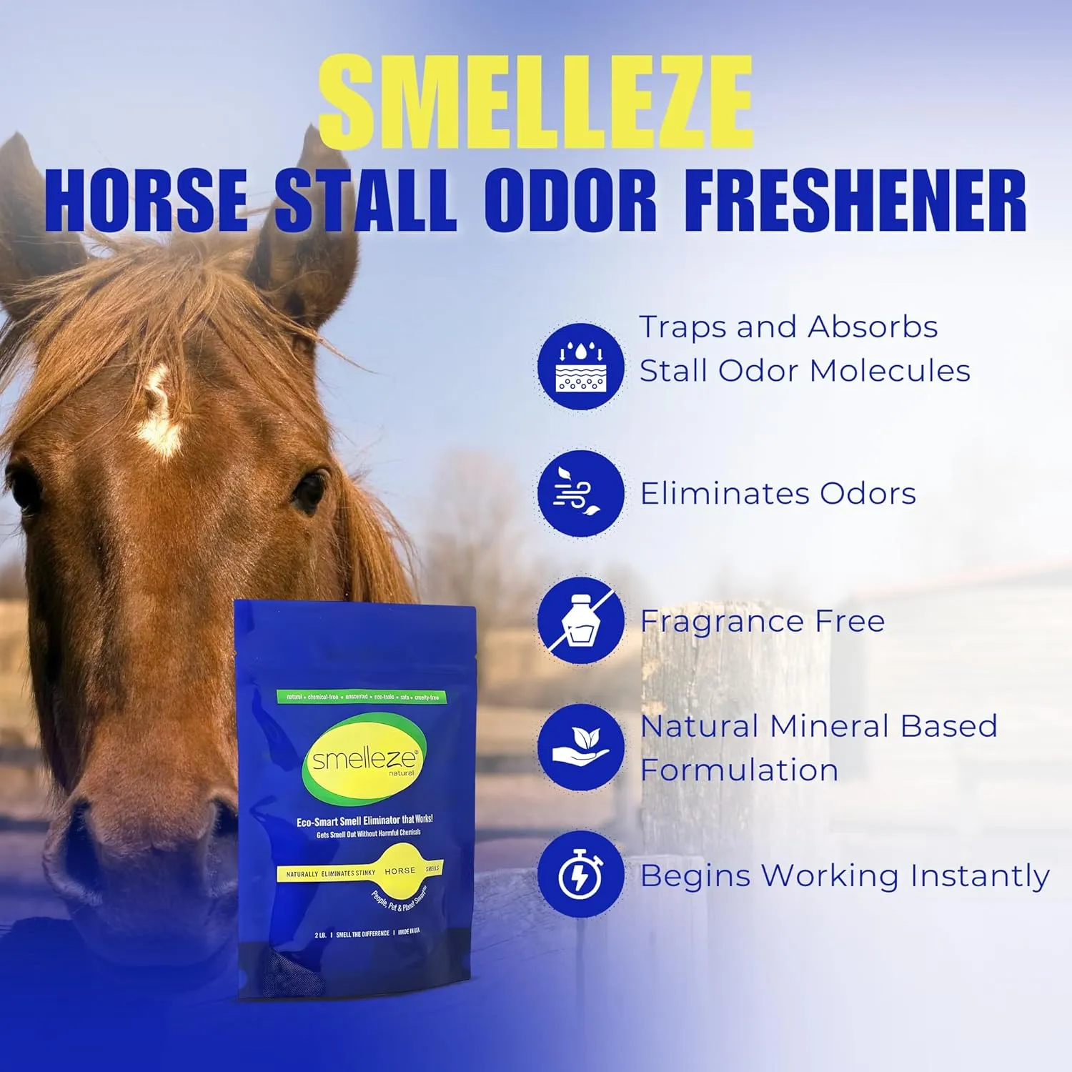 SMELLEZE Natural Horse Stall Refresher & Odor Eliminator: 2 lb. Granules. Rids Urine & Stool Smell. Keeps Stall Drier. Unscented & Safe