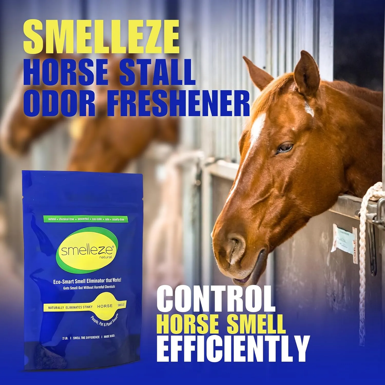 SMELLEZE Natural Horse Stall Refresher & Odor Eliminator: 2 lb. Granules. Rids Urine & Stool Smell. Keeps Stall Drier. Unscented & Safe