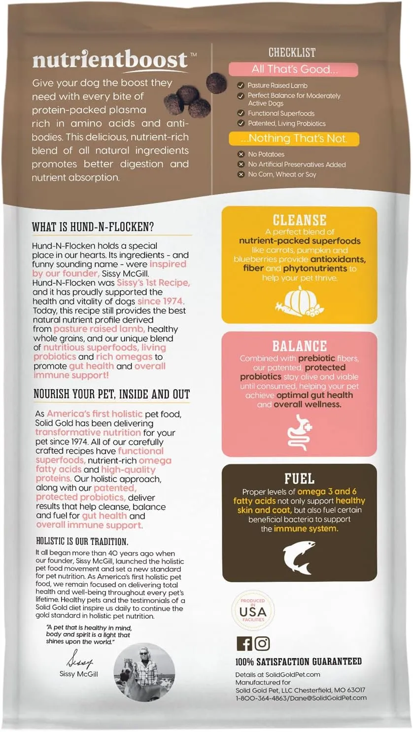 Solid Gold Dry Dog Food for Adult & Senior Dogs - Made with Real Lamb & Brown Rice - NutrientBoost Hund-N-Flocken Healthy Dog Food for Weight Management & Digestive Support - 4 LB Bag