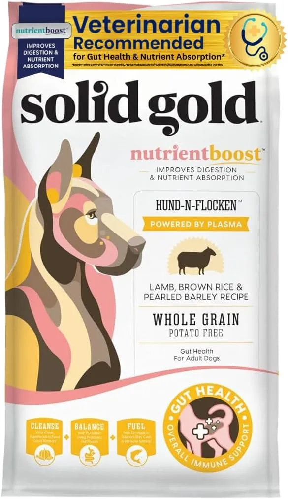 Solid Gold Dry Dog Food for Adult & Senior Dogs - Made with Real Lamb & Brown Rice - NutrientBoost Hund-N-Flocken Healthy Dog Food for Weight Management & Digestive Support - 4 LB Bag