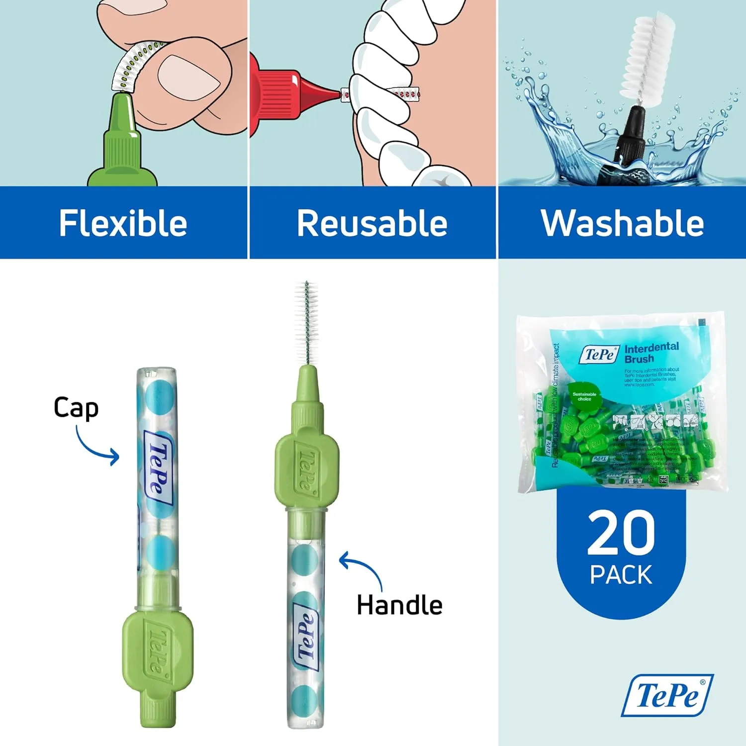 TePe Interdental Brush Original, Soft Dental Brush for Teeth Cleaning, Pack of 20, 0.8 mm, Large Gaps, Green, Size 5