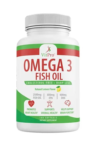 Triple Strength Omega 3 Fish Oil - 2500mg with EPA and DHA, Cholesterol Free, Burp-Less, Joint Support, Promotes Brain & Heart Health, Non-GMO, Natural Lemon Flavor - 180 Softgels | VitPro