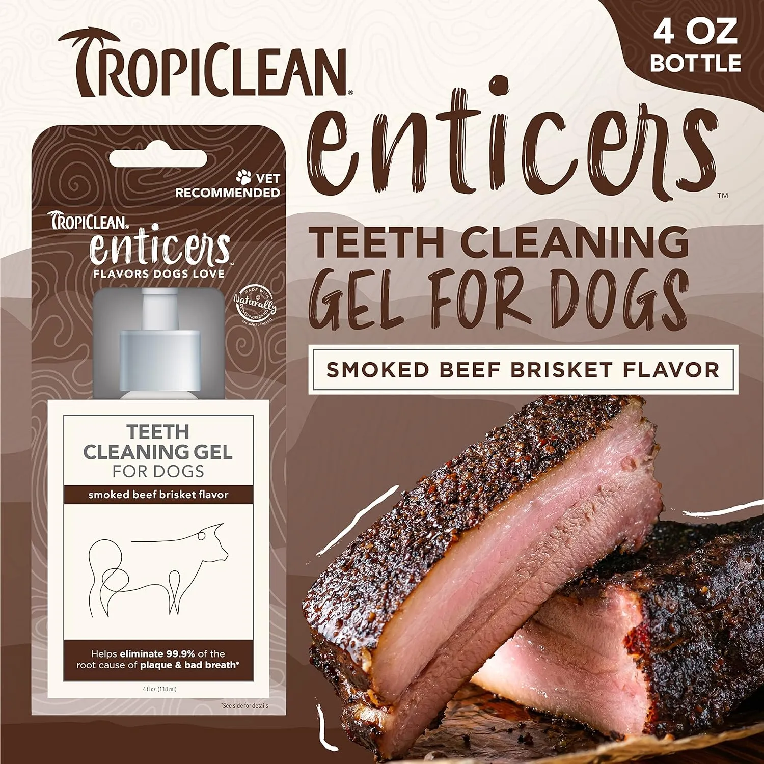 TropiClean Enticers Dog Teeth Cleaning Treat Gel | Smoked Beef Flavored Dog Toothpaste Alternative | 4 oz.