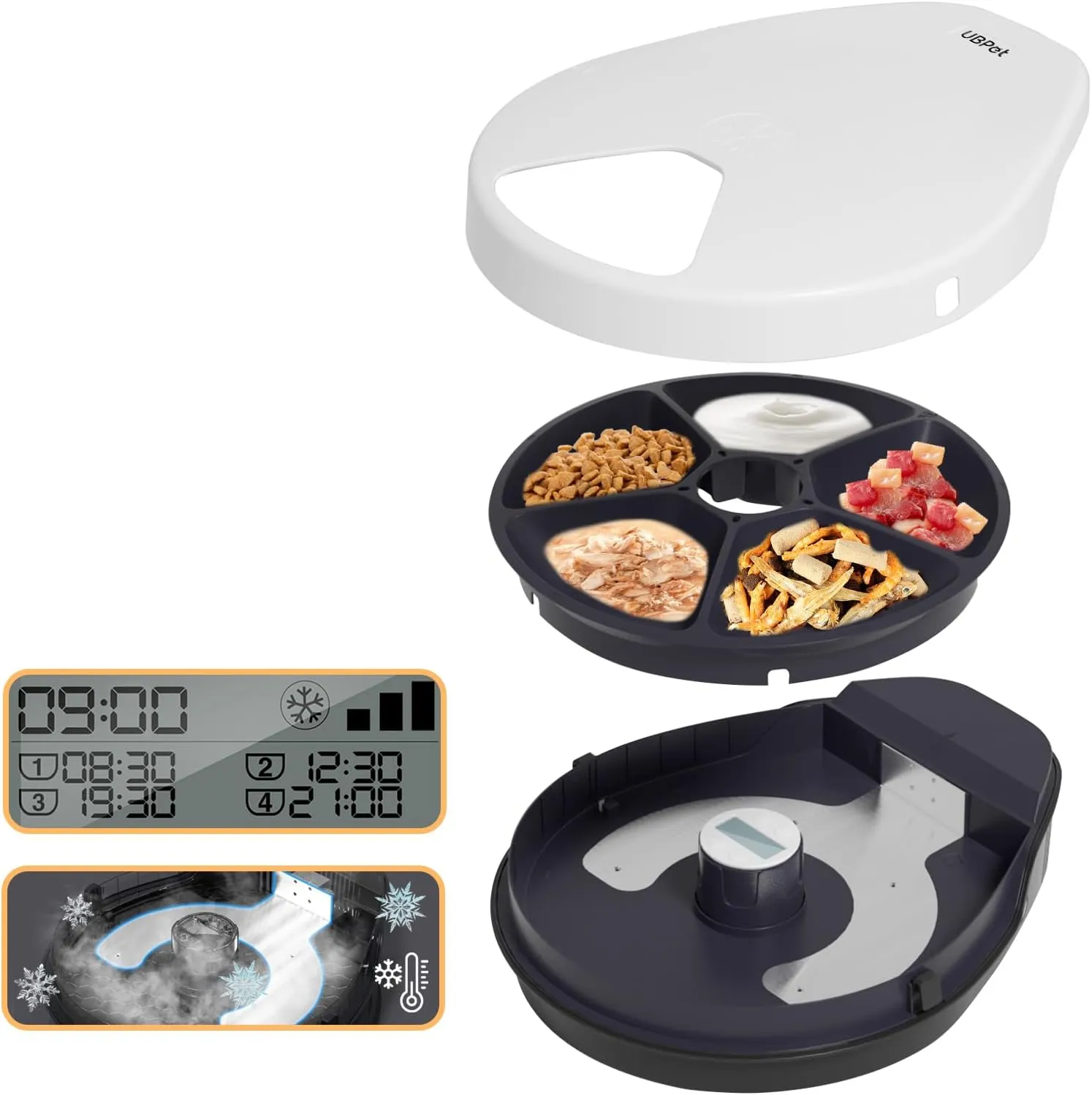 UBPET Cat Wet Food Automatic Feeder with Cooling, Semiconductor Refrigeration, with Timer, 5 Food Compartments for 330g Pet Food Each, Premium Meal Plates, Washable, for Cats
